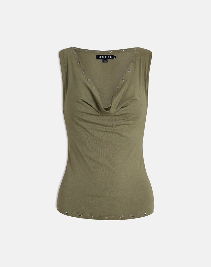Slater - Top con borchie in jersey di rayon color kaki
