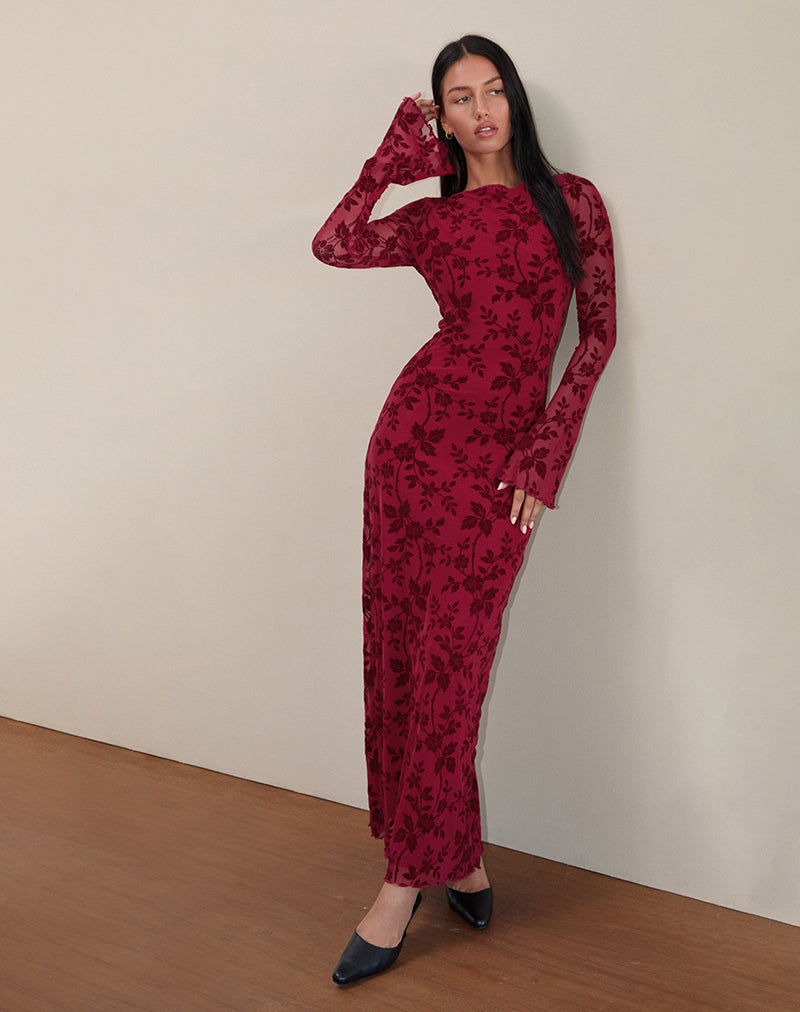 Immagine di Slokya Maxi abito a maniche lunghe in vine flock floreale Cherry