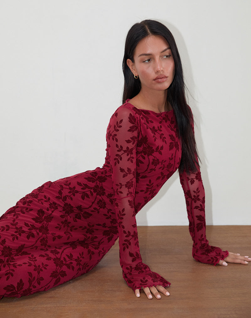 Slokya - Maxi abito a maniche lunghe in vine flock floreale Cherry