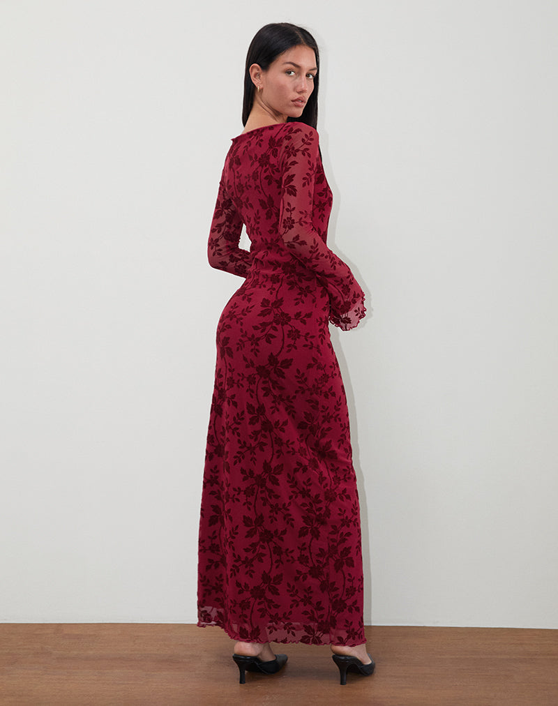 Immagine di Slokya Maxi abito a maniche lunghe in vine flock floreale Cherry
