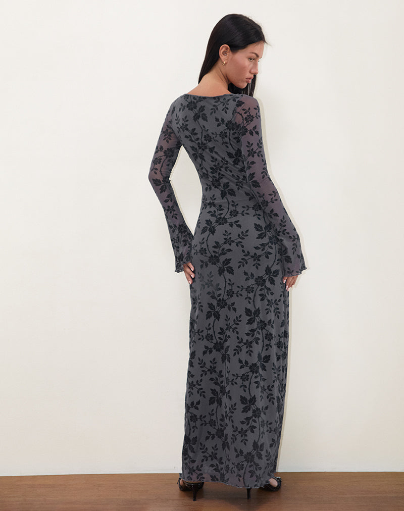 Immagine di Slokya Maxi abito a maniche lunghe in Vine Floral Flock Ocean Storm