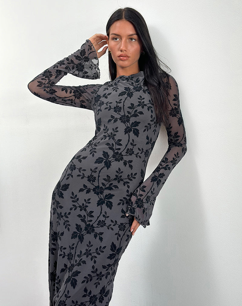Immagine di Slokya Maxi abito a maniche lunghe in Vine Floral Flock Ocean Storm