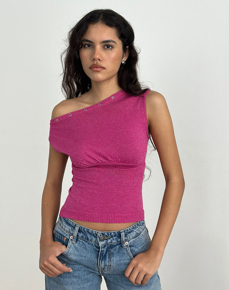 Top Sojin in Lurex rosa con occhielli