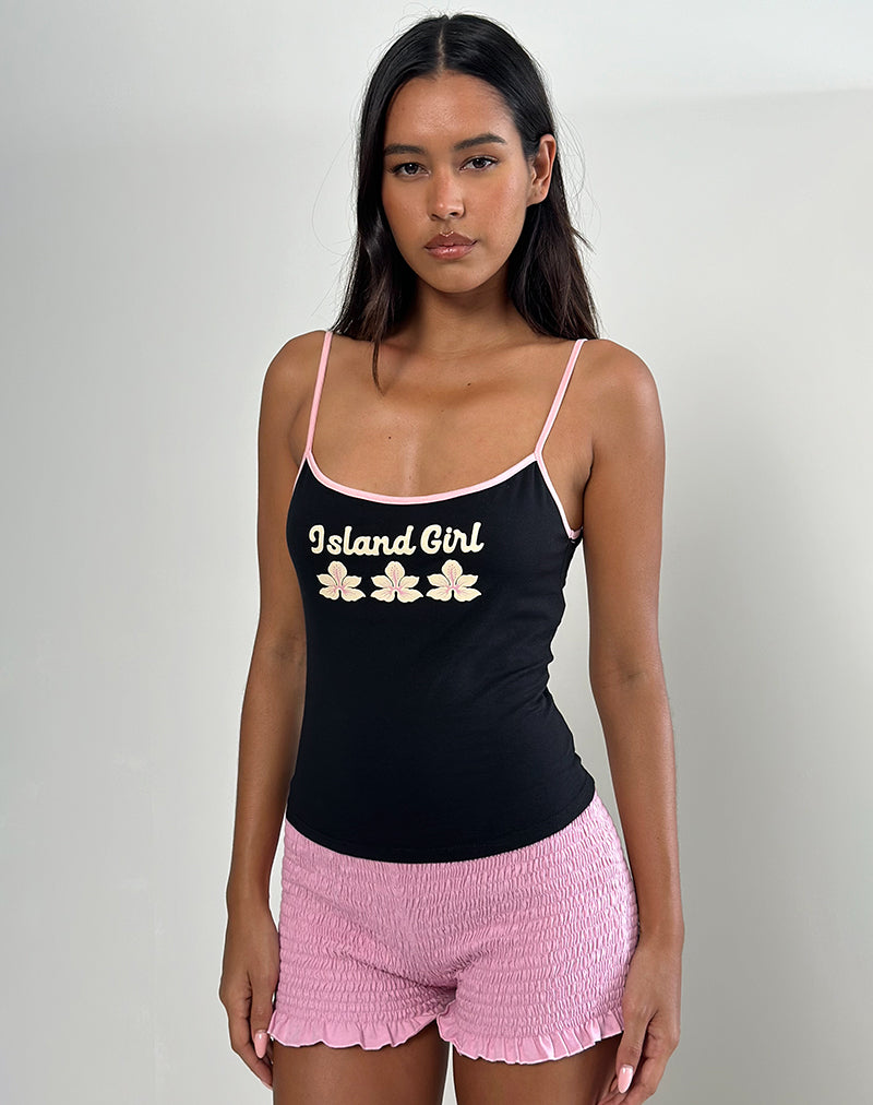 Solani Cami Top nero con stampa Island Girl e bordi rosa baby
