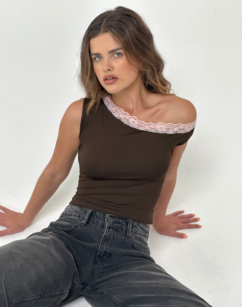Soleh - Top monospalla in tessuto elastico marrone con pizzo rosa