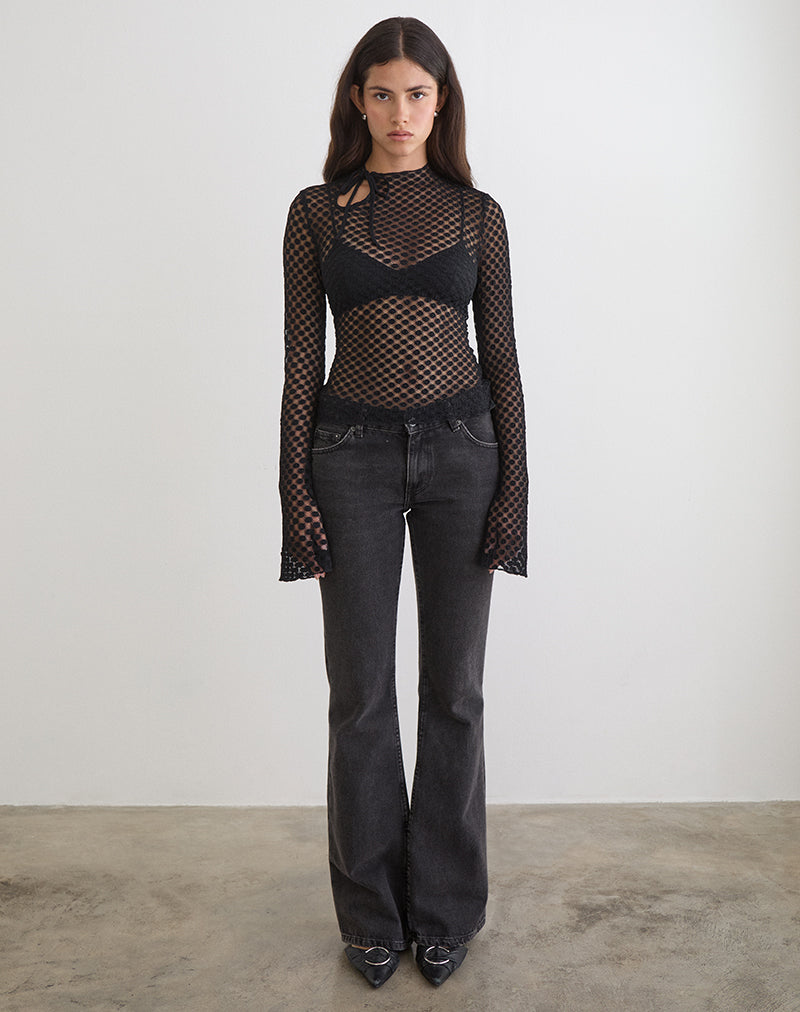 Top Sonam a maniche lunghe con scollo a goccia in pizzo a pois nero