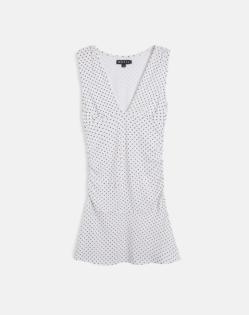 Mini abito Luscian Plunge in bianco con micro polka nero