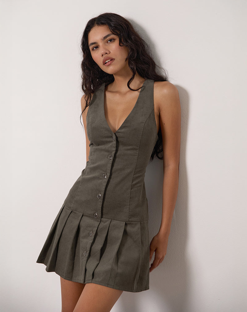 Immagine di Starrin Button Mini Dress in Cord Brown