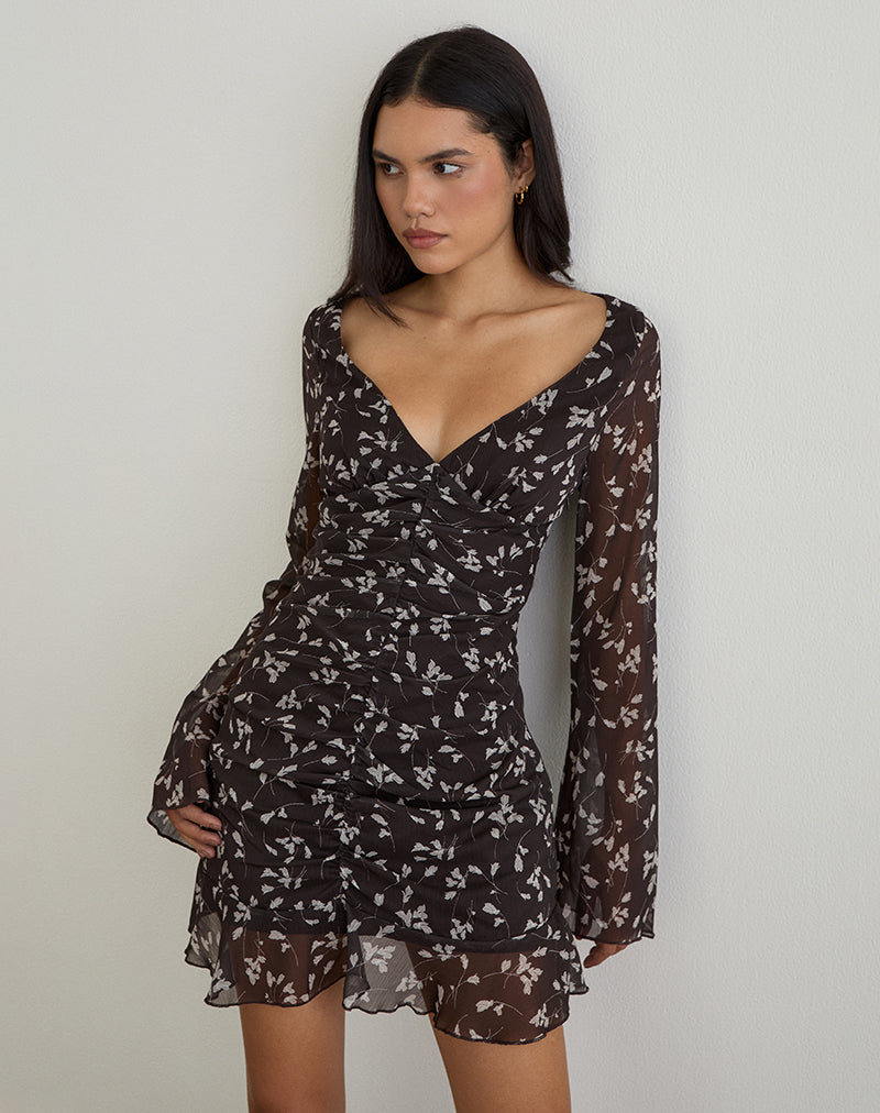 Immagine di Sumiko Mini Abito in Chiffon a Fiori Marrone