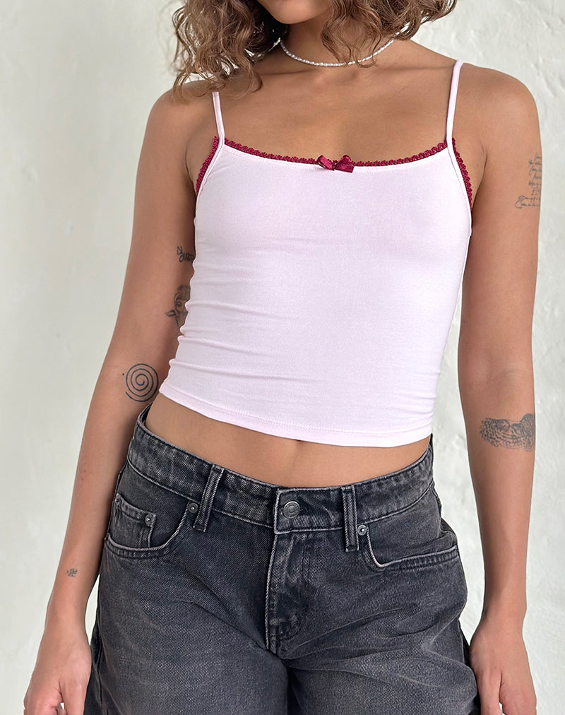 Immagine di Suna Gilet Top in rosa chiaro con finiture bordeaux
