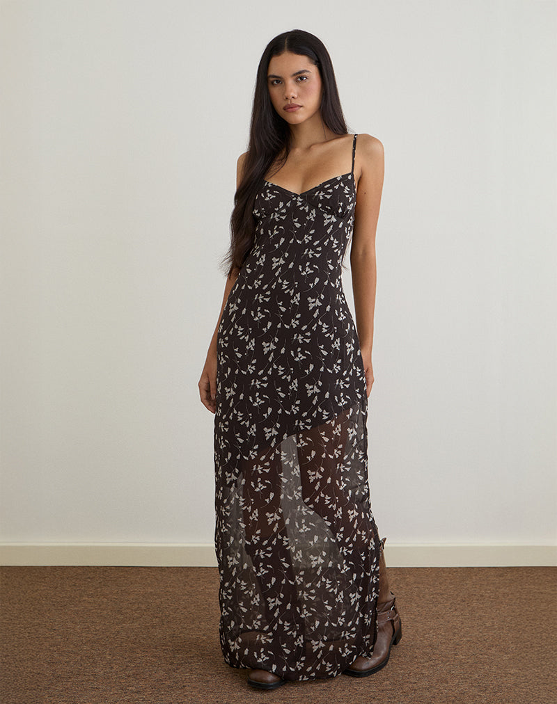 Maxi abito Sunita in chiffon a fiori marrone