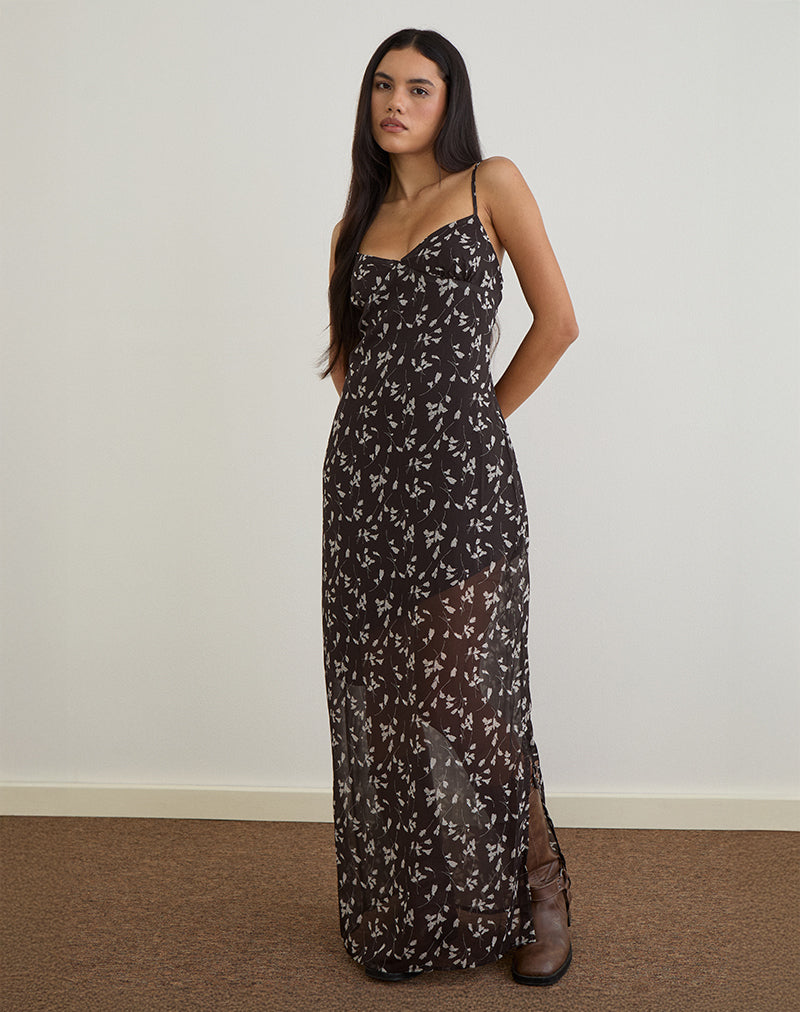 Maxi abito Sunita in chiffon a fiori marrone