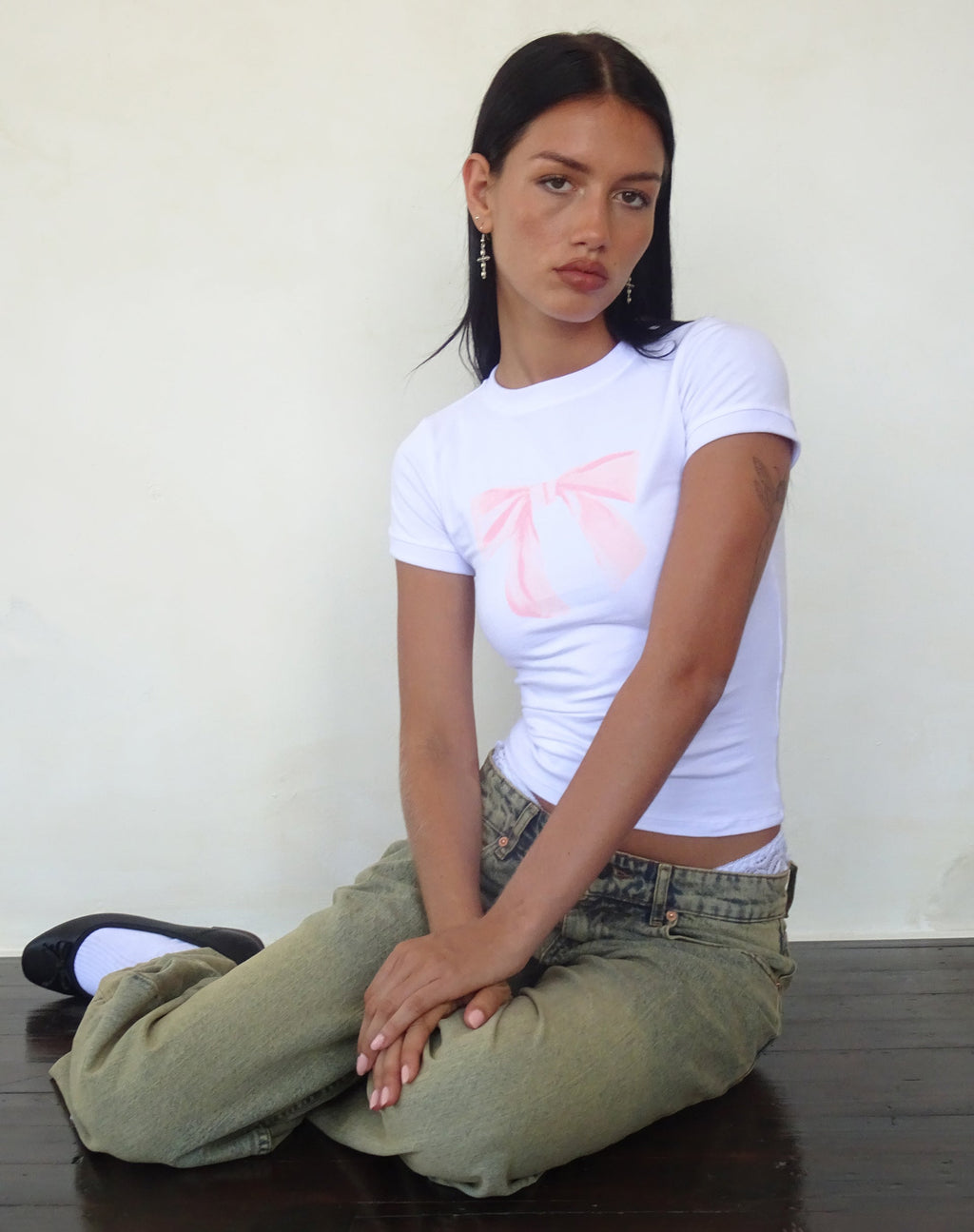 Maglietta Sutin Baby bianca con fiocco stampato rosa