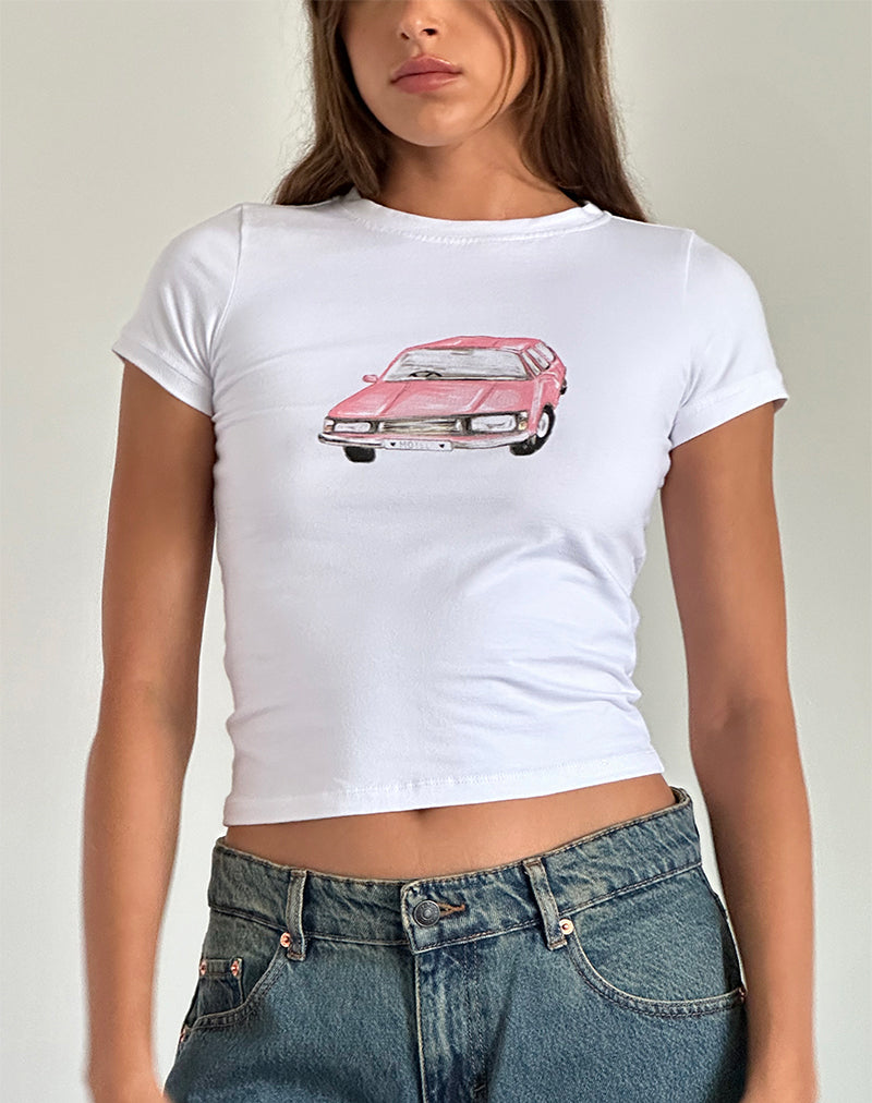 Maglietta da bambino Sutin in bianco con grafica di auto a strisce