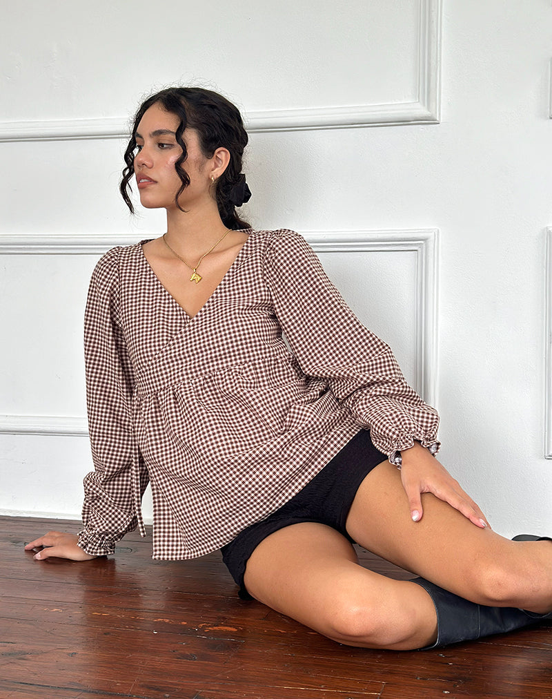 Camicetta a portafoglio Suzumi in Mini Gingham Marrone