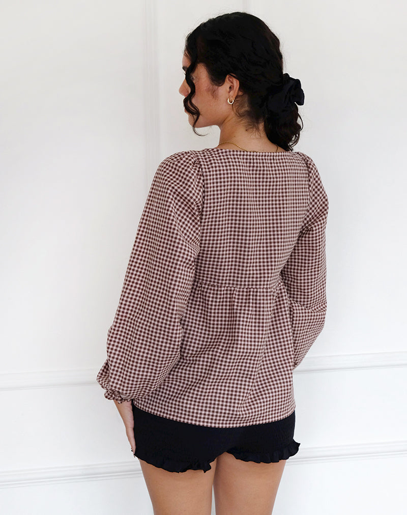 Immagine di Suzumi Wrap Blouse in Mini Gingham Brown