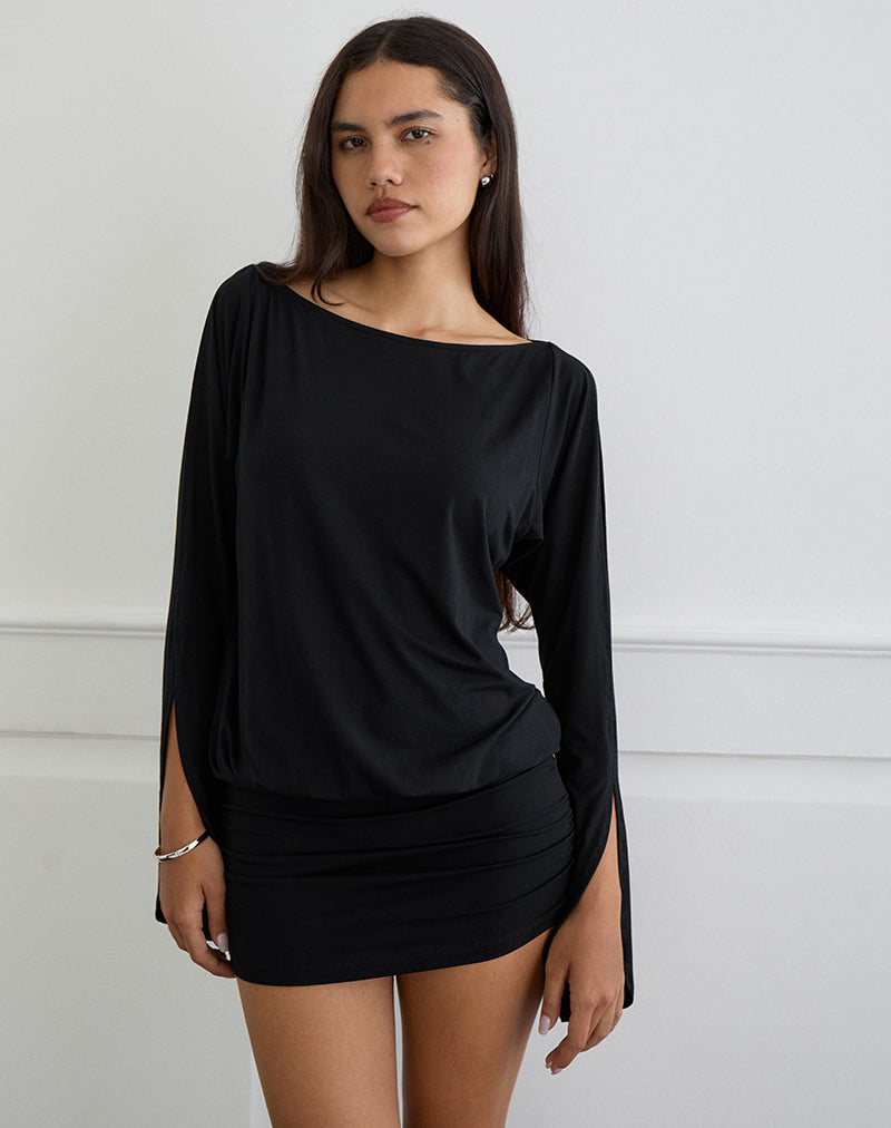 Immagine di Sybe Cut Batwing Sleeve Mini Dress in Nero
