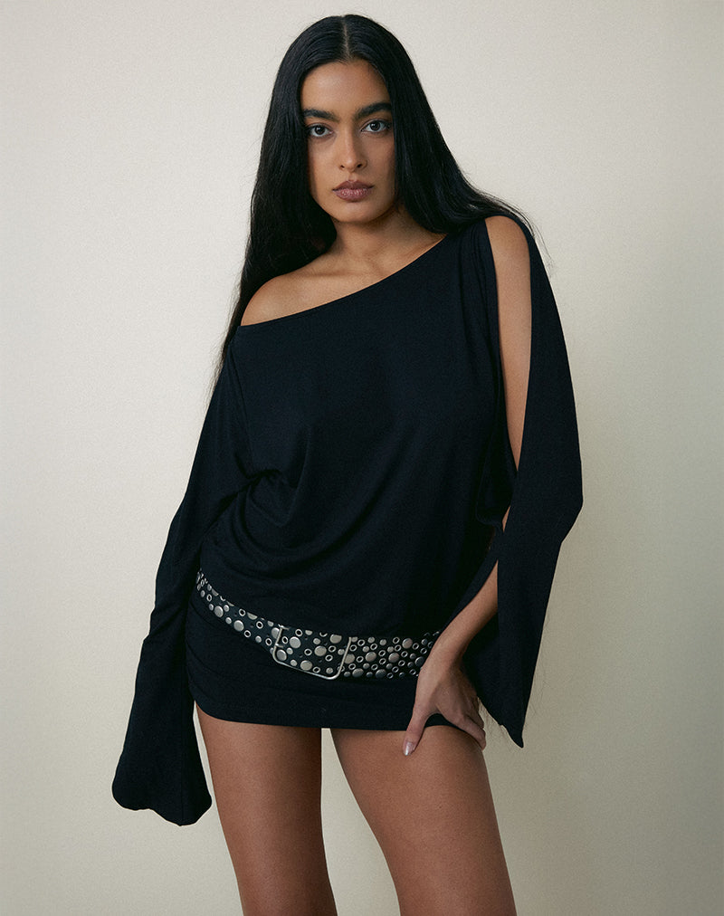 Immagine di Sybe Cut Batwing Sleeve Mini Dress in Nero
