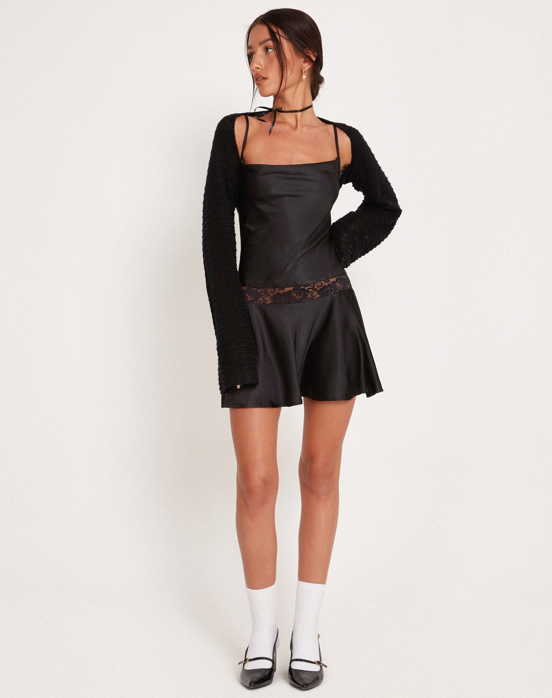 Immagine di Tahira Mini Slip Dress in Raso Nero