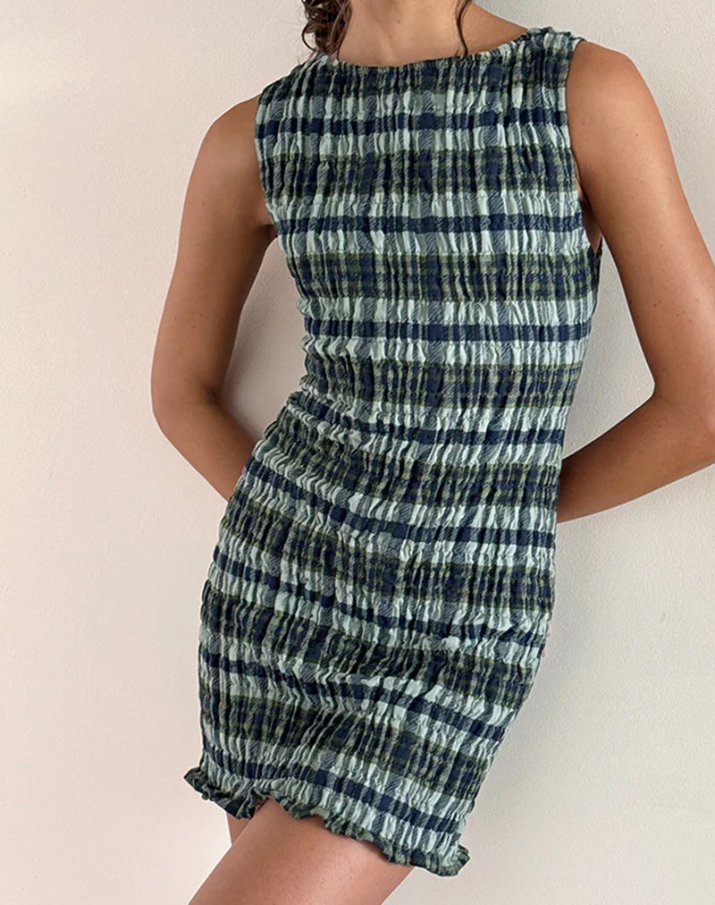 Mini abito Takayi in lino mono check verde