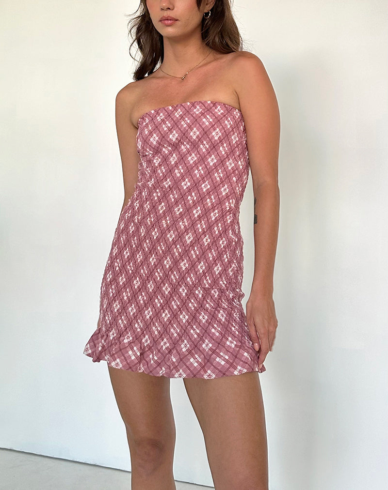 Mini abito a fascia Takiyo in tartan rosa
