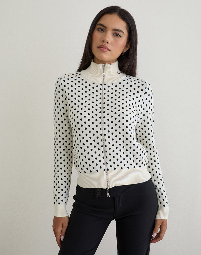 Talisa - Giacca con zip in maglia a pois avorio