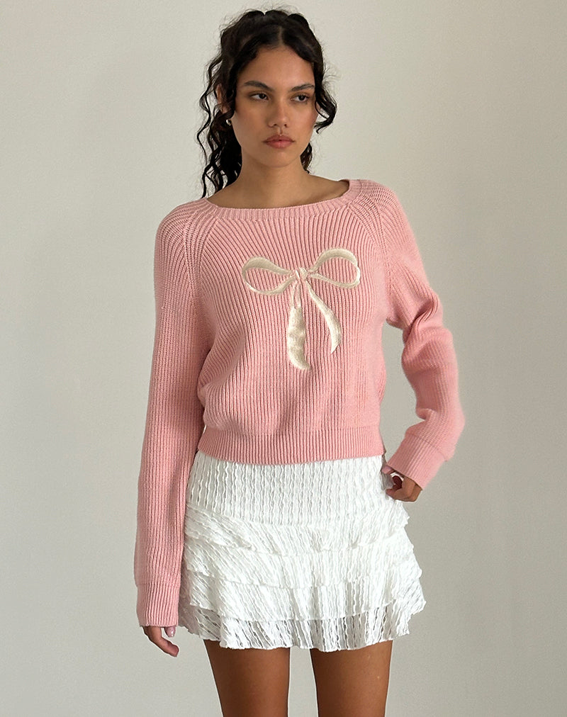 Maglia Tami in maglia rosa con ricamo a fiocco bianco