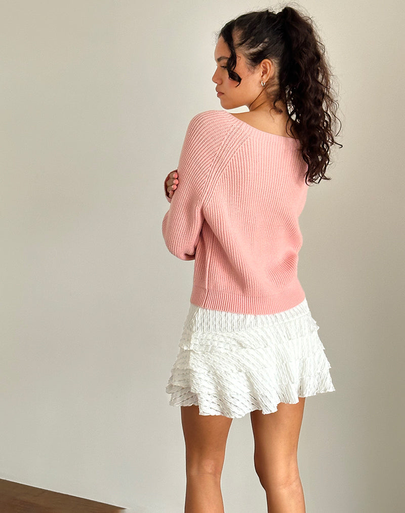 Immagine di Tami Jumper in maglia rosa con ricamo a fiocco bianco