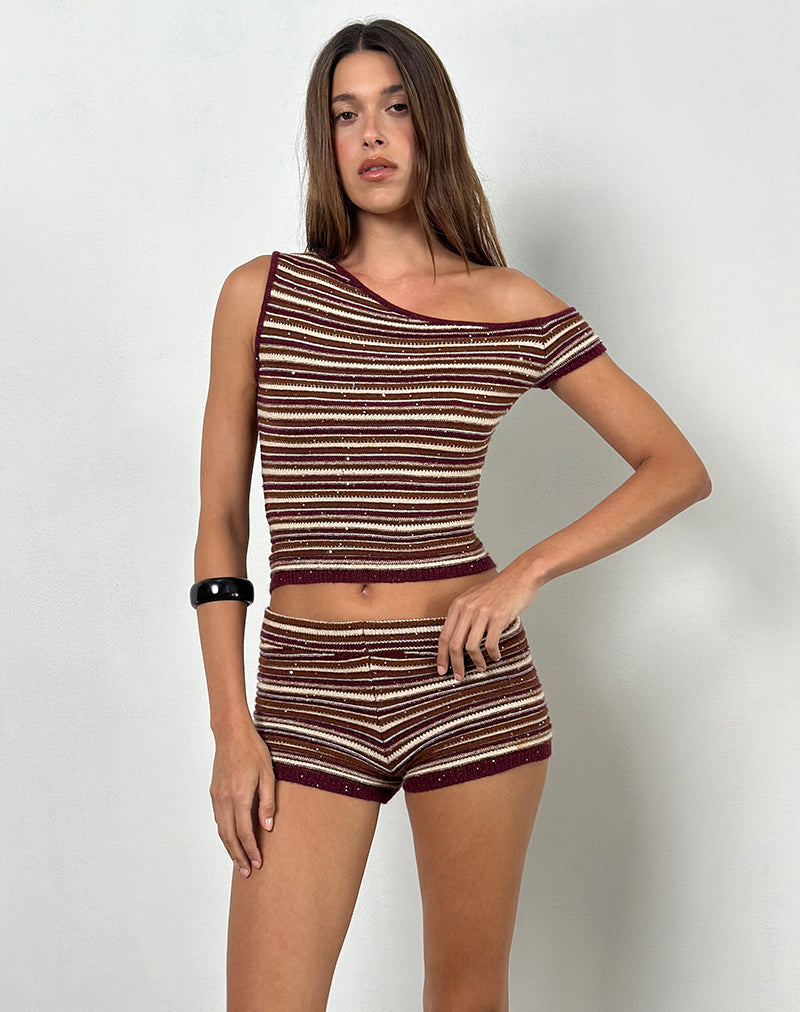 Immagine di Tamia Off Shoulder Top in Shimmer Stripe Knit Ruggine