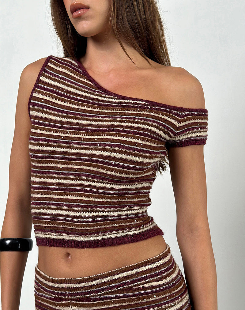 Tamia - Top off shoulder in maglia a righe scintillanti color ruggine