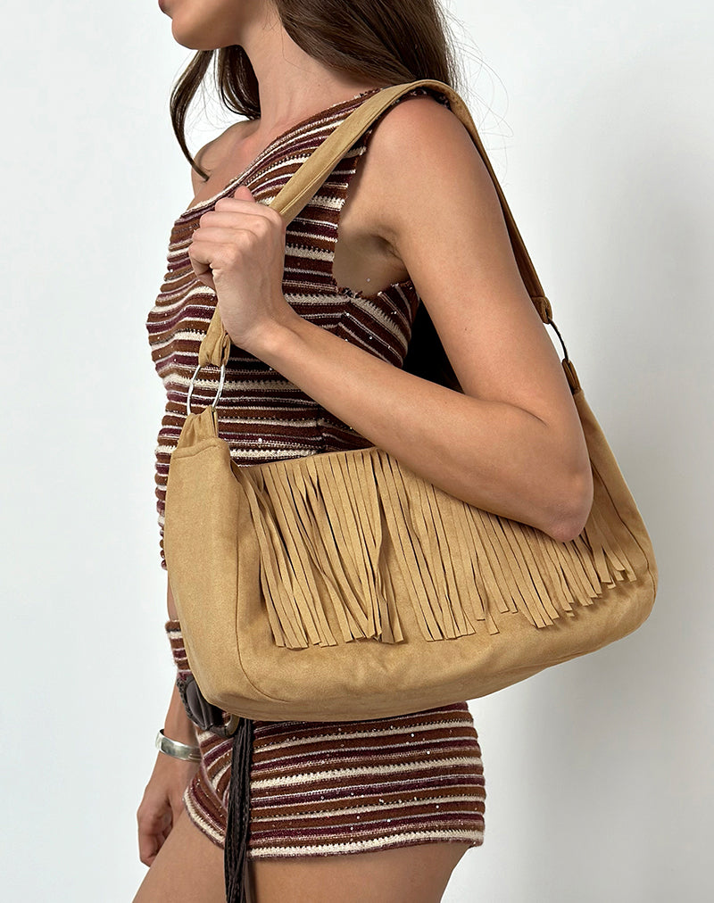 Borsa Teria con nappe in pelle scamosciata Tan