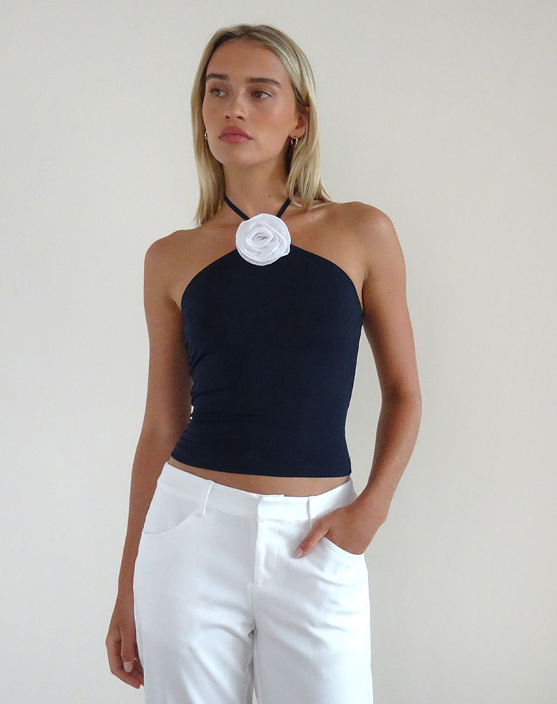 Top Tarrina con scollo a mezzaluna in blu scuro con rosone bianco