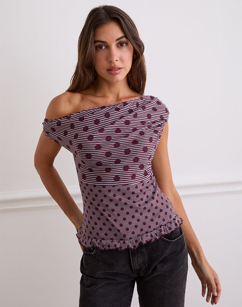Top asimmetrico Tarya in Stripe Polka Plum