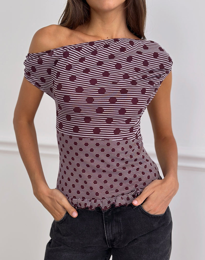 Top asimmetrico Tarya in Stripe Polka Plum