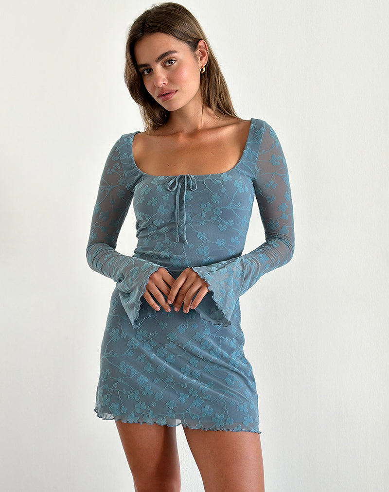 Mini abito Tatyana in blu grigio floreale grunge