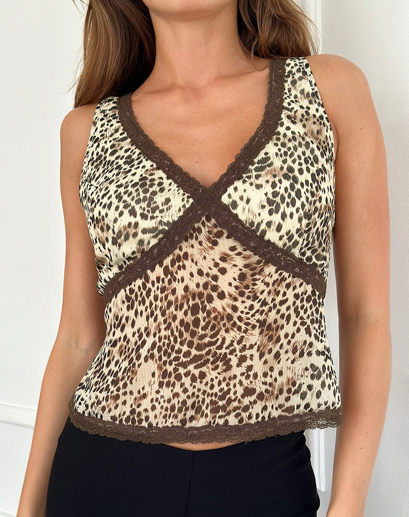 Top Timmy in leopardo selvaggio con pizzo marrone