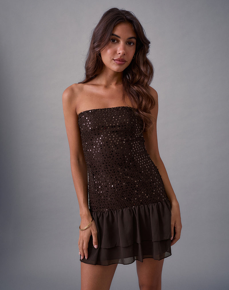 Tinosa Corset Dress in Ruffle Sequin Brown