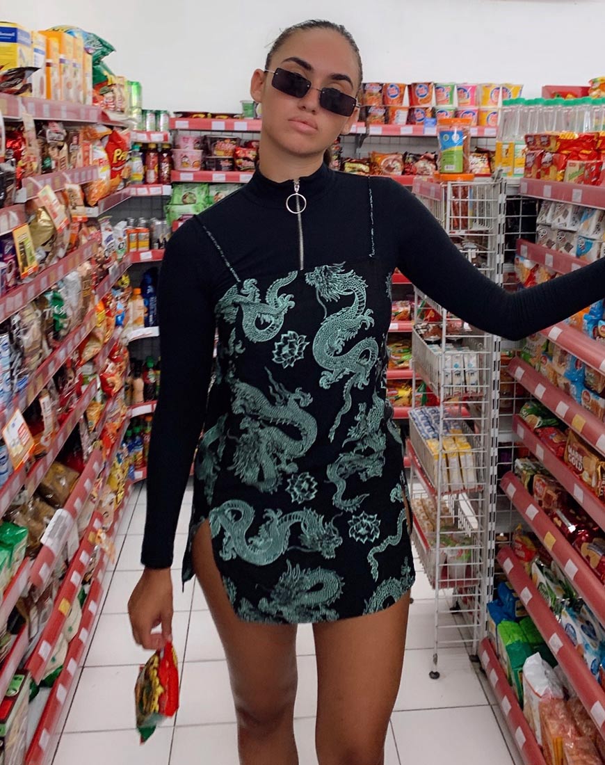 Immagine di Tista Dress in Dragon Flower Nero e Menta