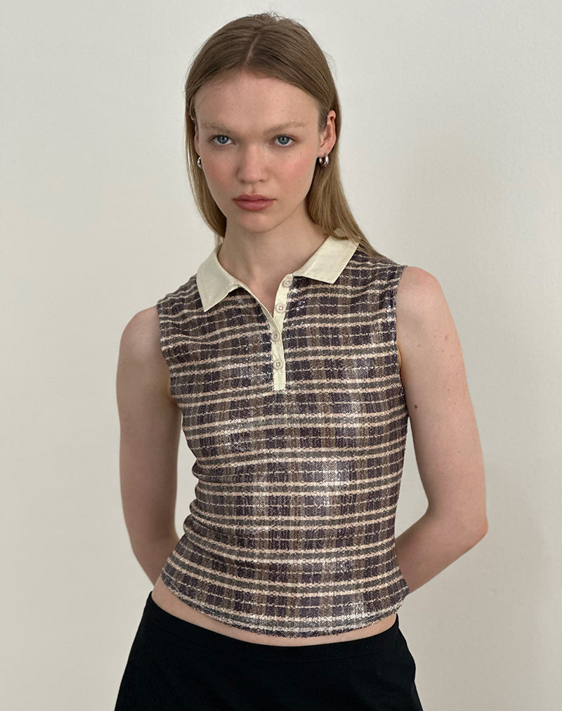 Immagine di Tisuka Polo Top in paillettes vintage check marrone