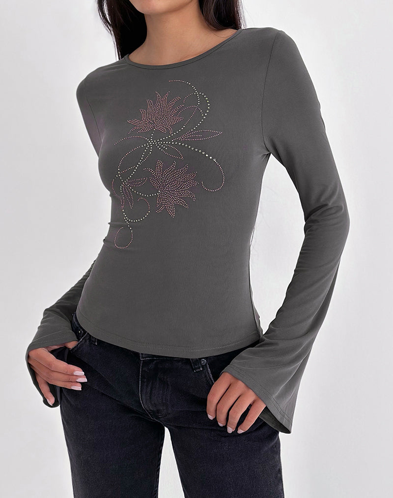Tiyana Long Sleeve Top in Diamante Flower Dark Grey