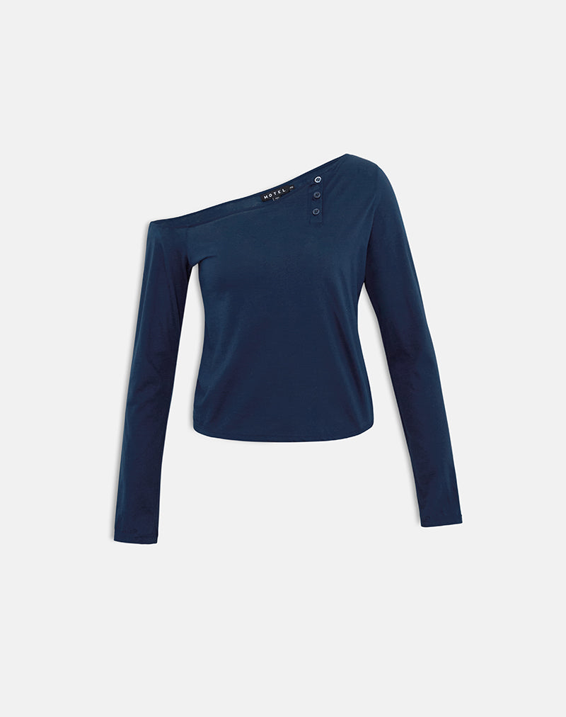Immagine del top asimmetrico con bottoni Tole in jersey leggero blu navy scuro