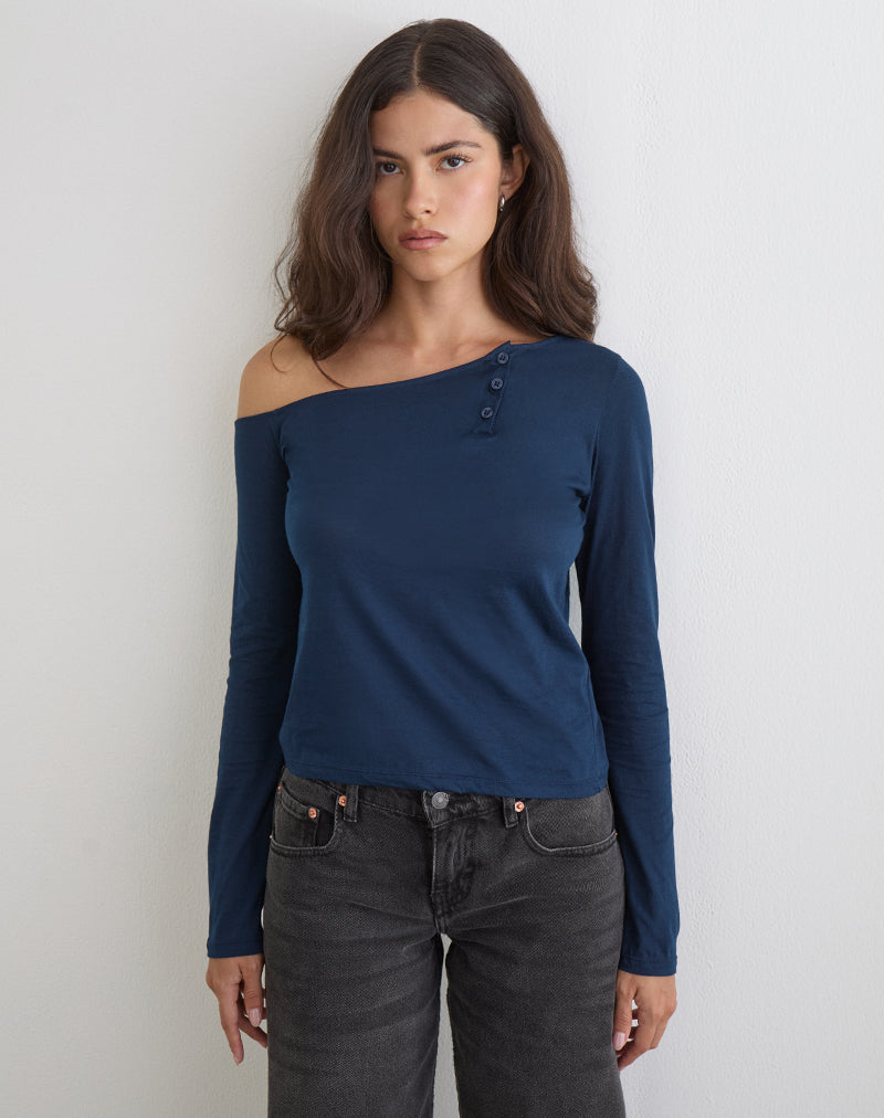 Immagine del top asimmetrico con bottoni Tole in jersey leggero blu navy scuro