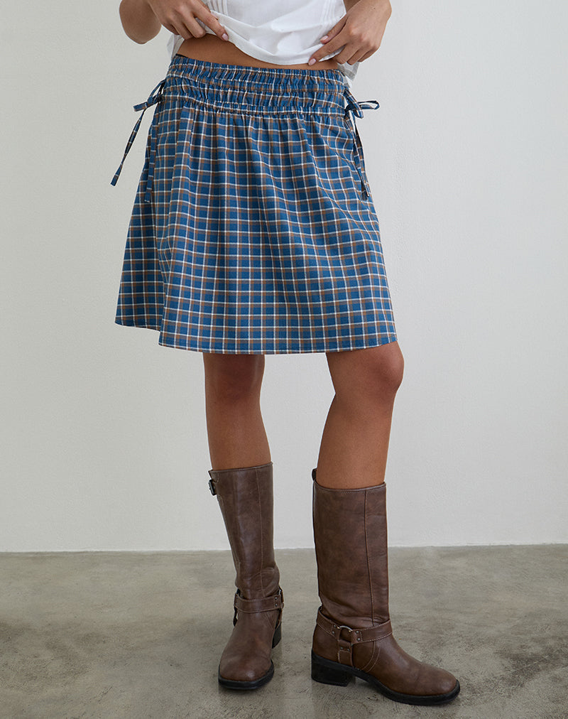 Gonna midi con drappeggio Khimar in tartan blu medio