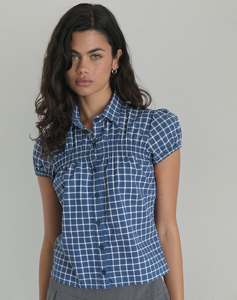 Immagine di Ulsan - Camicia aderente in popeline tartan marino