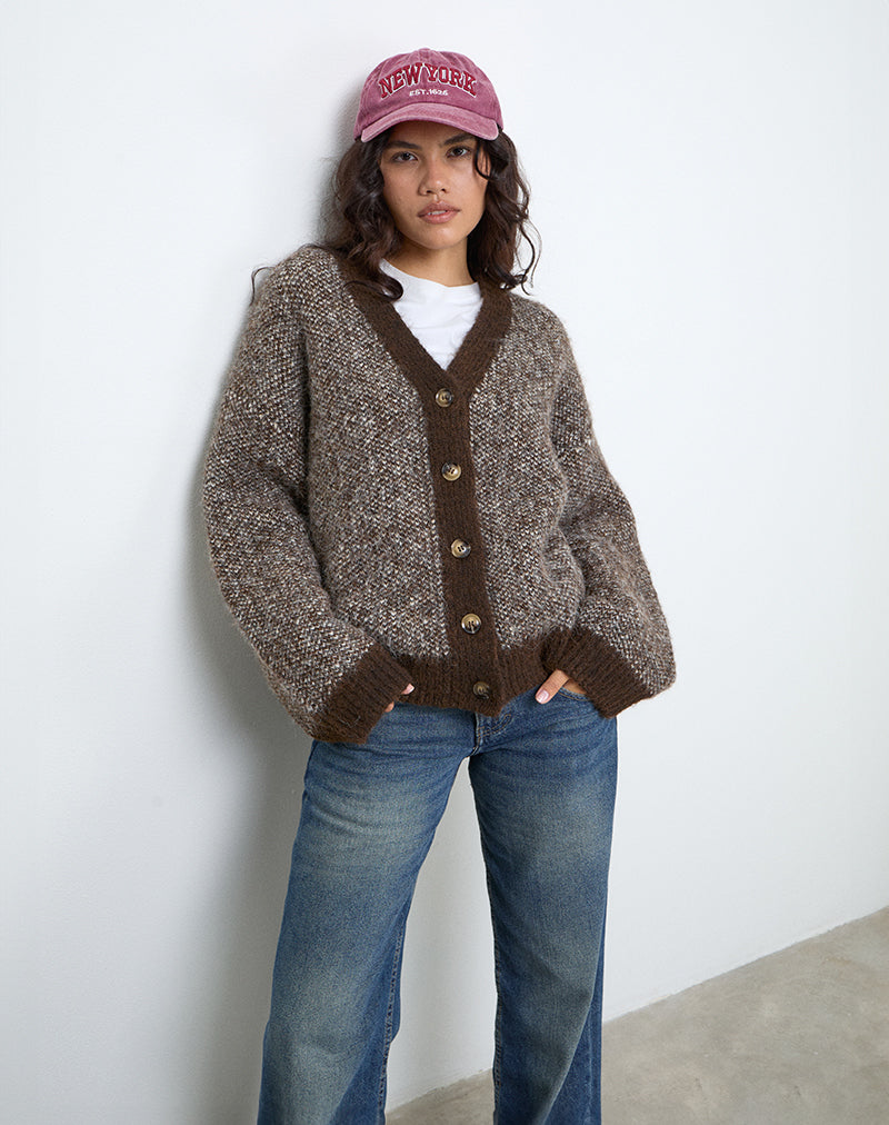 Ura - Cardigan oversize in maglia marrone e crema