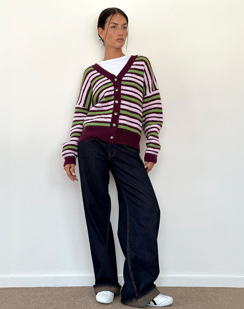 Immagine del cardigan Uriela a righe verdi, rosa e bordeaux