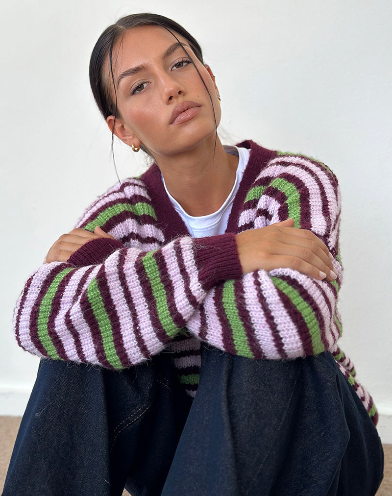 Immagine del cardigan Uriela a righe verdi, rosa e bordeaux