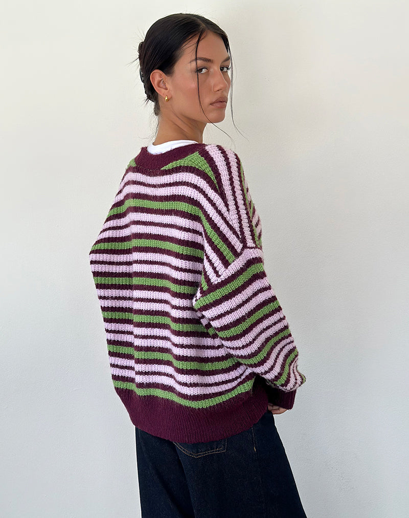 Immagine del cardigan Uriela a righe verdi, rosa e bordeaux