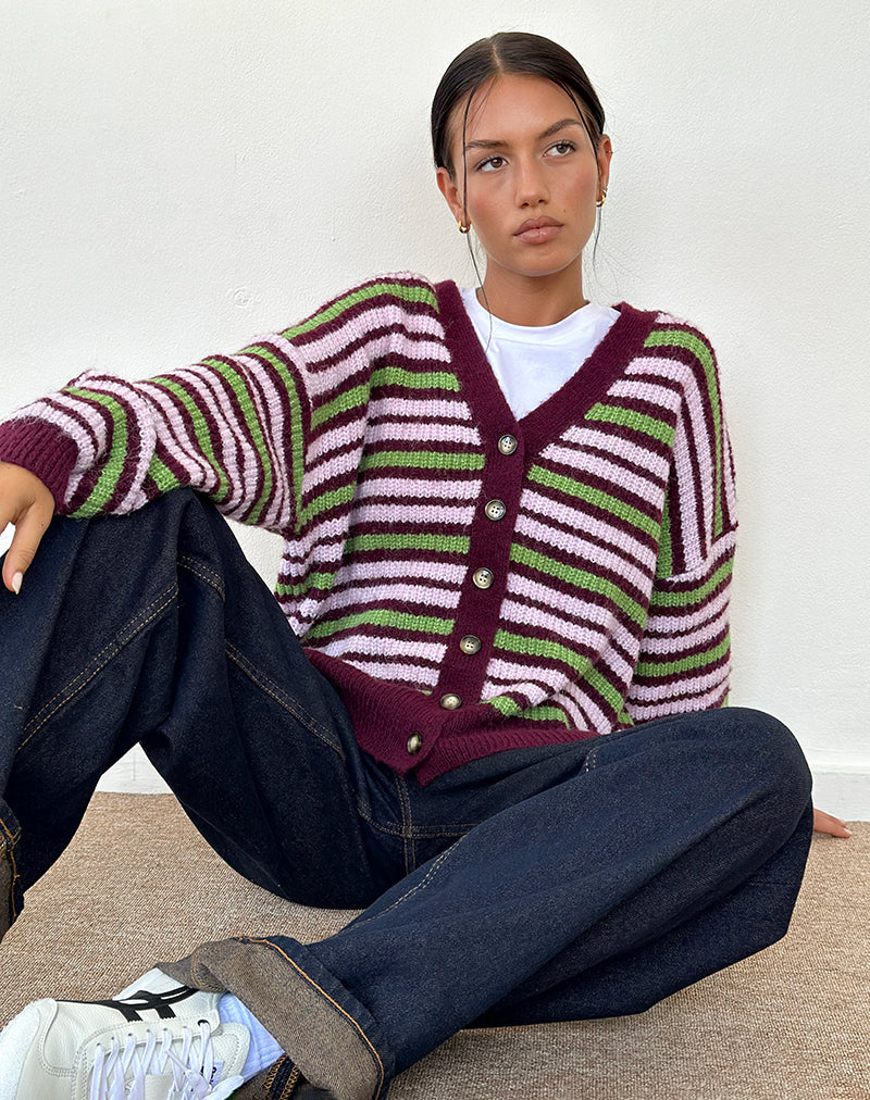 Cardigan Uriela a righe verdi, rosa e bordeaux