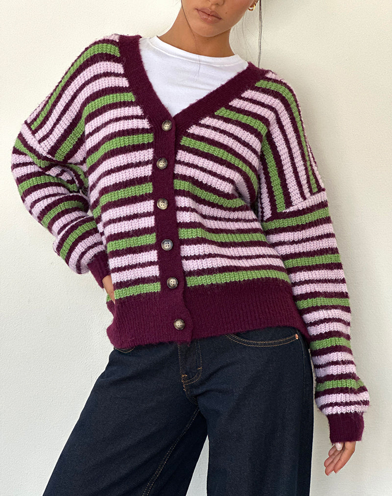 Cardigan Uriela a righe verdi, rosa e bordeaux